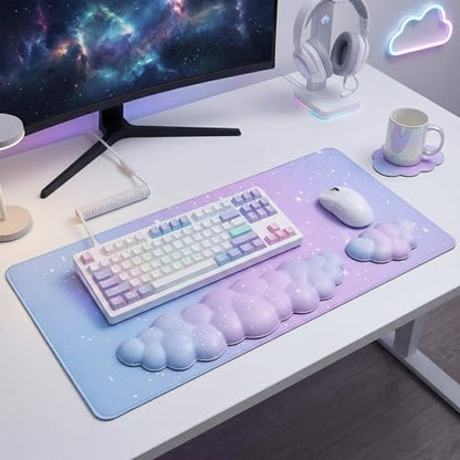 Cloud Mouse Pad Keyboard Wrist Rest 4PCS Extended Large Galaxy Stars Desk Mat Pad Set Memory Foam Non-Slip Cute Ergonomic Gaming Mouse Pad Wrist Support for Computer Home Office Purple Blue - color: 4pcs Purple Blue