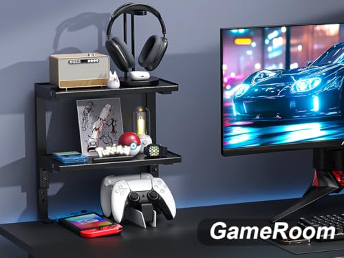 2-Tier Desk Shelf | Desk Organization Expandable Clamp on Desk Shelf Desktop Accessories for Offices and Game Rooms (Black) - color: Black