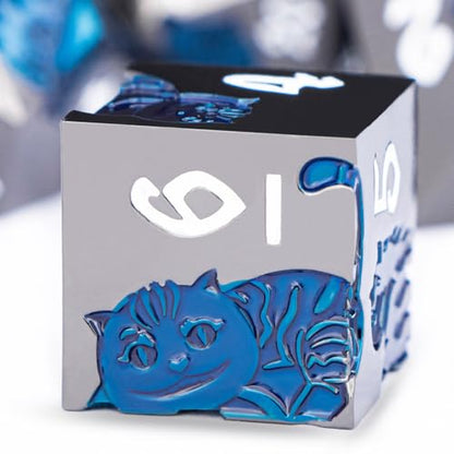 Metal DND Cat Dice 7PCS Polyhedral RPG Dice Set with Gift Case for Dungeons Dragons Role Playing Game, D and D Dice D6 D8 D10 D12 D20 D% (Blue Black) - color: Cat-black Blue