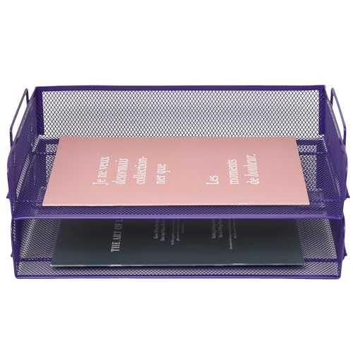 EASEPRES 2 Pack Stackable Desk Paper Tray, Metal Mesh Desktop Document Letter File Organizer for Office Home School, 13.5'' L x 9.75'' W x 5.5'' H, Purple - color: 2 Pack Purple
