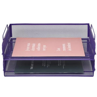 EASEPRES 2 Pack Stackable Desk Paper Tray, Metal Mesh Desktop Document Letter File Organizer for Office Home School, 13.5'' L x 9.75'' W x 5.5'' H, Purple - color: 2 Pack Purple