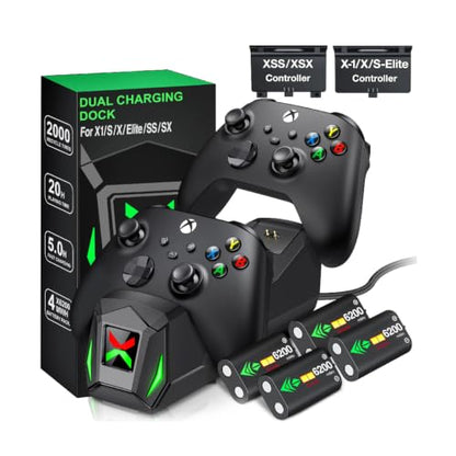 Controller Charger Station with 4x6200mWh Rechargeable Battery Compatible with One/Series X|S Controller | 4 Battery Covers, 2 for X1/X/S/Elite & 2 for Xbox Series S and X, Christmas Accessories - color: Black - 4 Batteries