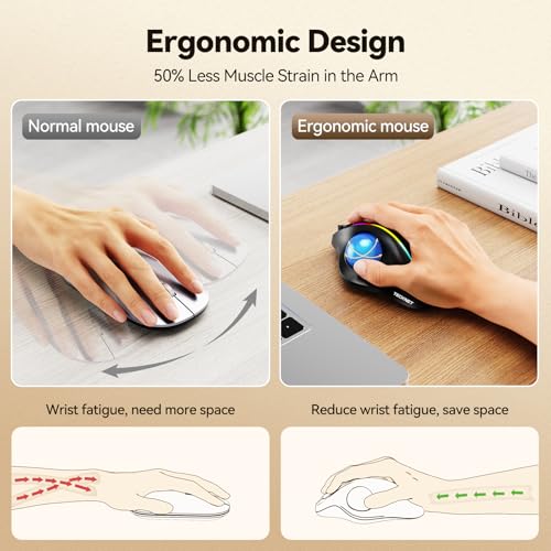 TECKNET Wireless Trackball Mouse, Bluetooth Mouse with Ergonomic, Black | 3-Device Connectivity (Bluetooth & 2.4G), 5 Adjustable DPI, RGB Lighting, PC, Mac & Laptop Compatible - color: Black