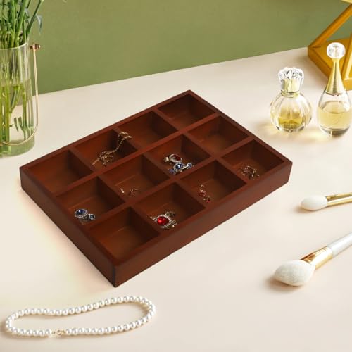 Nsmykhg Wooden Drawer Organizer, 2 Pack 12 Grid Sorting Tray for Arts & Crafts, Stationery, Small Items, Dark Brown, Divided Tray, Home Office & Craft Supplies Organizer (13.2x9.2x1.5 Inches)
