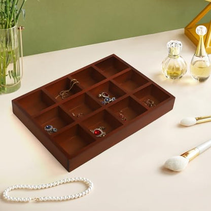 Nsmykhg Wooden Drawer Organizer, 2 Pack 12 Grid Sorting Tray for Arts & Crafts, Stationery, Small Items, Dark Brown, Divided Tray, Home Office & Craft Supplies Organizer (13.2x9.2x1.5 Inches)
