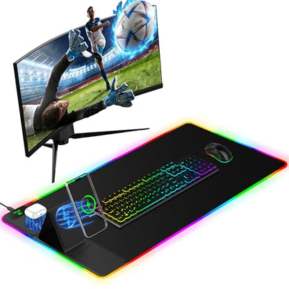 Mouse Pad with Wireless Charger Foldable Phone Holder, XXL RGB Gaming Mousepad 31.5"x15.8" Large Desk Mat for Keyboard, Black Desk Pad with Dual Qi Charging Station, 11 Colors 5 Modes - color: Black-Phone Holder-31.5"x15.8"