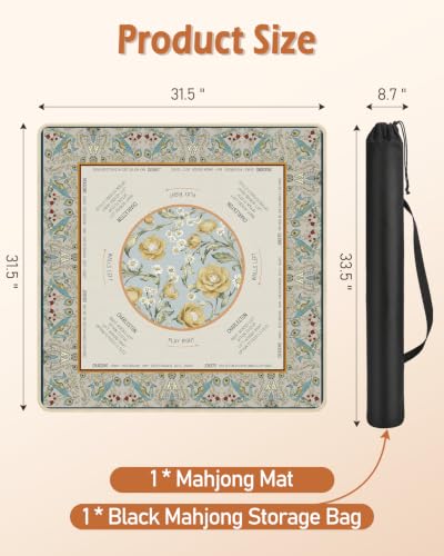 Mahjong Mat Table with Rules Mah Jong Mat Neoprene Travel Chinoiserie Floral Majong Learning Mat Instructions Mahjong Gifts Women Unique Non-Slip Rubber Pad, 31.5" x 31.5", Peacock - color: Peacock, size: 31.5" x 31.5"