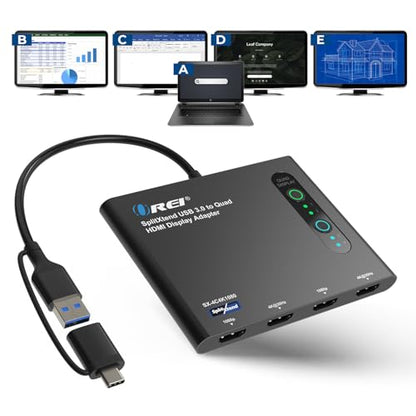 OREI SplitExtend HDMI Splitter Extended Display for Quad Monitor - Laptop Multiple Monitor Adapter with 4 Displays - USB-C to HDMI Adapter, 2X 4K@30Hz & 2X 1080p - Drivers Required - Windows/Mac | OREI SplitExtend HDMI Splitter Extended Display for Quad M