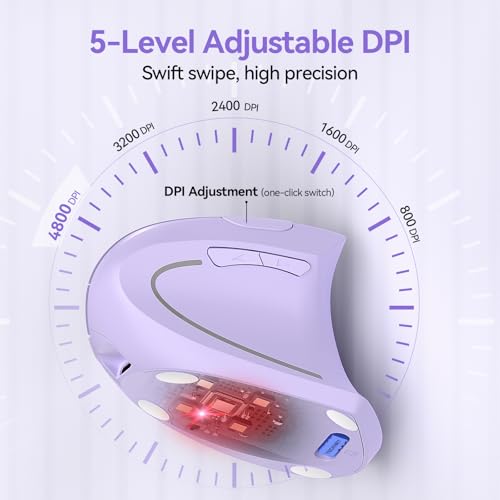 TECKNET Wireless Ergonomic Mouse, Rechargeable Wireless Vertical Mouse | Rechargeable Mouse Purple, 2.4GHz USB Receiver, Silent Click, 6 Adjustable DPI up to 4800, 6 Buttons for Laptop, PC & MacBook - color: Purple