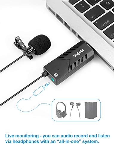 FIFINE USB Lavalier Lapel Microphone, Clip-on Cardioid Condenser Computer Mic Plug and Play USB Microphone with Sound Card for PC and Mac-K053