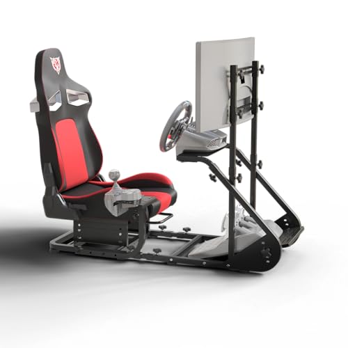 Runboll Racing Simulator Cockpit with Monitor Mount Fits for Logitech G923/G29/G920, Fanatec, Thrustmaster, and PXN, Adjustable Driving Simulators Without Handbrake, Pedals, Shift and Monitor - color: Red/black, size: 18.9" D Seat