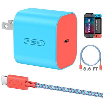 Switch 2 Charger with 6.6FT/2M USB-C Cable - 60W AC Power Adapter, Support 4K TV Dock & PD3.0 Fast Charging, Power Supply 20V/3A Charger for Nintendo Switch 2/1/Lite,WiiCharge(6.6FT - Neon Blue & Red) - size: 6.6FT (Neon Blue & Red)