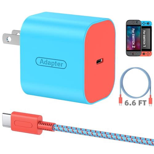 Switch 2 Charger with 6.6FT/2M USB-C Cable - 60W AC Power Adapter, Support 4K TV Dock & PD3.0 Fast Charging, Power Supply 20V/3A Charger for Nintendo Switch 2/1/Lite,WiiCharge(6.6FT - Neon Blue & Red) - size: 6.6FT (Neon Blue & Red)