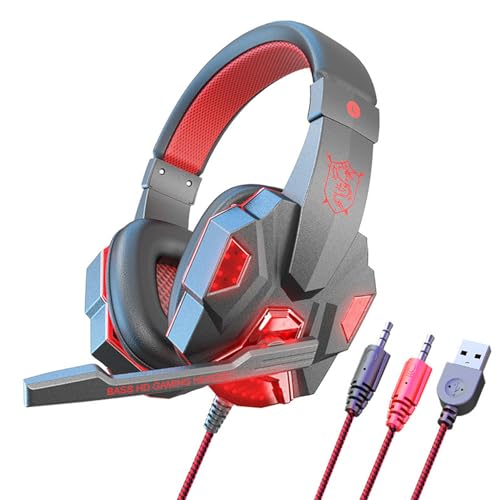 Stereo Gaming Headset for PS4 PC Xbox One PS5 Controller, Noise Cancelling Over Ear Headphones with Mic, LED Light, 7.1 Surround Sound, Soft Memory Earmuffs for Nintendo Xbox Series X|S-Black/Red - color: Black/Red