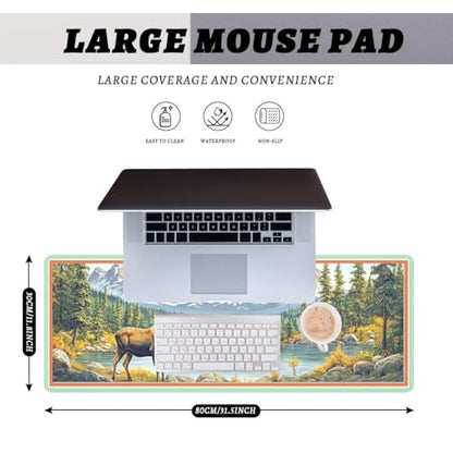 Moose Landscape Mouse Pad, Mountain Lake Gaming Desk Mat Waterproof Stitched Edges Rubber Base Non-Slip Deskmap Computer Keyboard Mat, 31.5x11.8in Desk Home Office Gaming - color: Moose Landscape, size: 31.5x11.8in