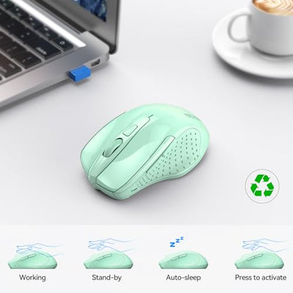 TECKNET Wireless Mouse, BT 5.0/2.4G, Silent 4800 DPI 6 Buttons, Green | Bluetooth 5.0/3.0 & USB A, 2-Device Easy Switch, Wide OS Compatible, 6-DPI, Ergonomic for S/M Hands, Extended Battery - color: Green