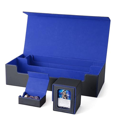 MTG Deck Box Holds 5 Display Card Deck Boxes with Playmat and Dice Box,Includes 10 colorful dividers and 1 card supporter, Trading Card Storage Box For Magic Game Cards(Black and Blue) | Holds 5 Deck Boxes (not included)/650 Single/520 Double-Sleeved Card