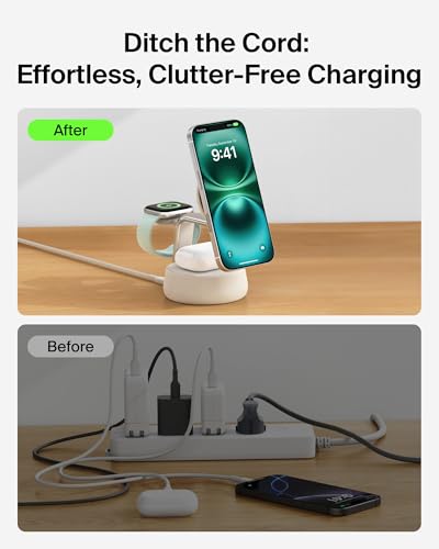 Belkin Qi2.2 25W Wireless Fast Charging Station, 3 in 1 iPhone Charger | Fast Charging, MagSafe Compatible, iPhone 17/16/15, Apple Watch, AirPods, Travel Charger, Magnetic - color: Sand, style: 3 in 1