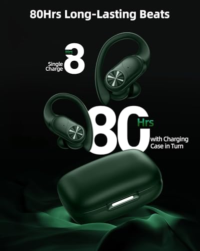 PocBuds Bluetooth Headphones Wireless Earbuds 80hrs Playtime Wireless Charging Case Digital Display Sports Ear Buds with Earhook Deep Bass IPX7 Waterproof Over-Ear Earphones for TV Phone Laptop Olive - color: Olive, style: Standard