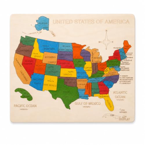 USA Map Wooden Jigsaw Puzzle for Kids | 44 Puzzle Pieces | Learning & Educational Toy Gift for Boys & Girls (ASTM Safety Rating: 3+ Years) - style: USA Map