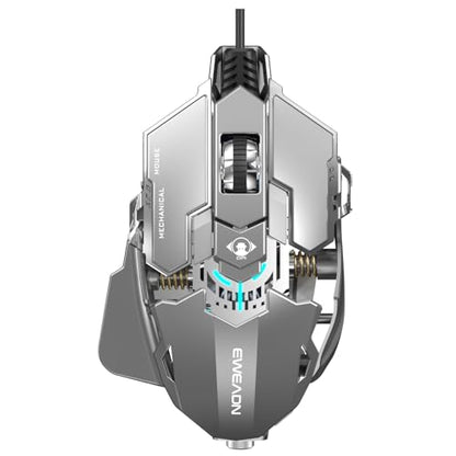 EWEADN G5 Wired Gaming Mouse with Adjustable Tail, 12800 DPI Programmable Computer Mouse with RGB Backlit, 9 Macro Buttons, Rapid Fire Key & Aluminum Base Ergonomic PC Mice for Laptop, PC-Grey&White - color: Black&Grey
