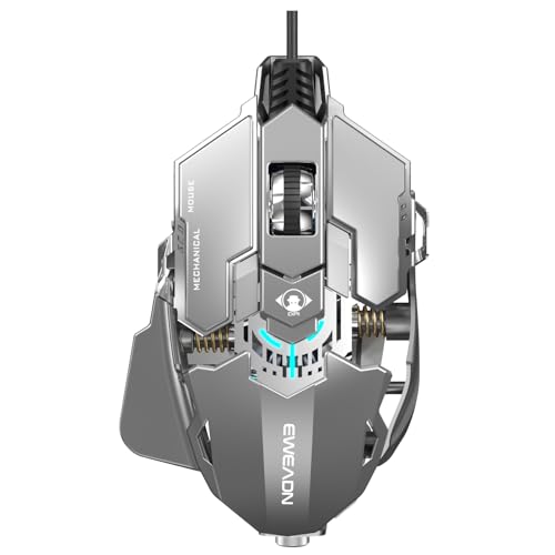 EWEADN G5 Wired Gaming Mouse with Adjustable Tail, 12800 DPI Programmable Computer Mouse with RGB Backlit, 9 Macro Buttons, Rapid Fire Key & Aluminum Base Ergonomic PC Mice for Laptop, PC-Grey&White - color: Black&Grey