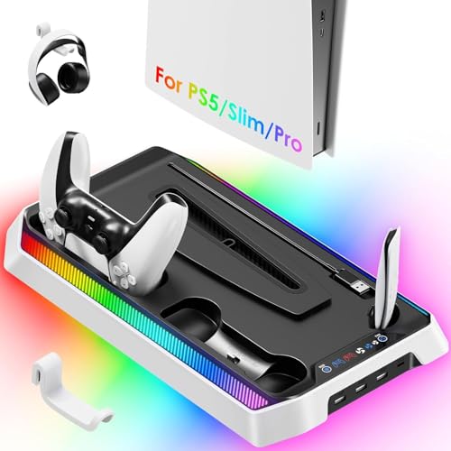 PS5 Cooling Station for PS5/Slim/Pro Disc Digital Console, PS5 Stand Cooling Fan Station with RGB Lights & 3 Level Fan, PS5-Controller Charger, PS5-Accessories with 3 USB Ports, Headset Holder - color: RGB White&Black