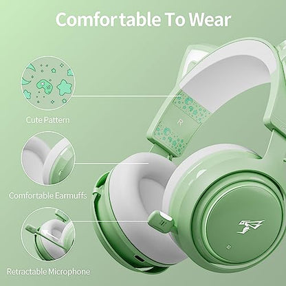 EASARS Cat Ear Headphones, Gaming Headset (Wireless, Green) - color: Green, style: Wireless