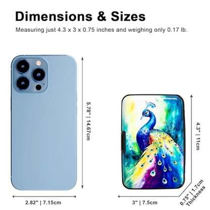 Credit Card Holder Small RFID Blocking Wallet Business Metal Slim Mini Aluminum Hard Case for Women Men - color: Colorful Peacock
