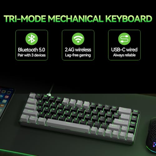 TMKB T68 60% Wireless Mechanical Gaming Keyboard, Tri-Mode BT5.0/2.4GHz/USB-C with Red Linear Switch, RGB Backlight, Anti-Ghosting, Compact 68 Keys, Wired/Wireless, Gray/Black - color: Grey Black/Red Switch, size: Wireless