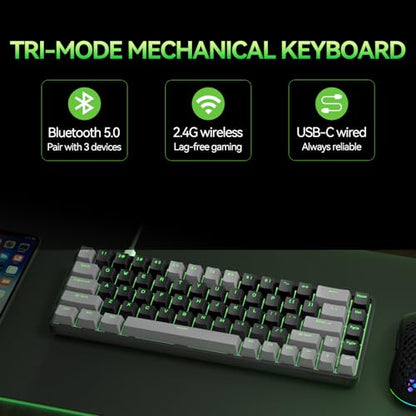 TMKB T68 60% Wireless Mechanical Gaming Keyboard, Tri-Mode BT5.0/2.4GHz/USB-C with Red Linear Switch, RGB Backlight, Anti-Ghosting, Compact 68 Keys, Wired/Wireless, Gray/Black - color: Grey Black/Red Switch, size: Wireless