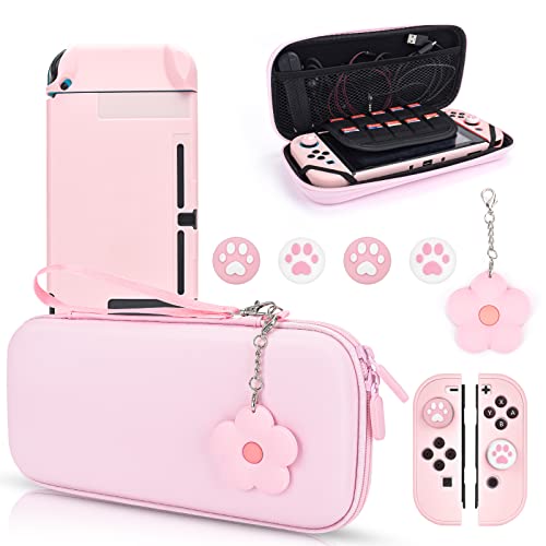 DLseego Pink Switch Case Set Carrying Case with 10 Slots Cute Protective Dockable Hard Shell with 4PCS Lovely Cat Paw Thumb Grips Caps and 1PC Flower Blossom Chain for Switch 2017 Version - color: Pink, size: Switch 1 6.3inch
