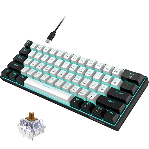 Snpurdiri 60% Mechanical Gaming Keyboard (Black-White, Brown Switches) | Ice Blue LED Backlit 61 Keys Mini Wired Office Keyboard for Windows Laptop PC Mac - color: Black White/Brown Switch
