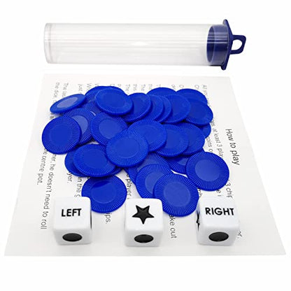 Ahoper Left Right Center Dice Game Prime Set Bundle with 3 Dices + 36 Chips. Round Tube Storage is Very Convenient for Travel. Easy to Store, Carry Around. (Blue) - color: Blue