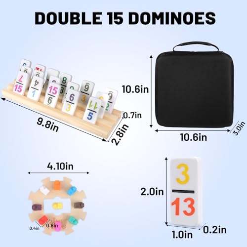 Mexican Train Dominoes Double 15, 136 Number Tiles, 8 Racks & Hub | Colorful Numbered Tiles, Wooden Racks, Center Hub, Portable Case, Great for More Players & Family Game Nights - style: Double 15 Number+8 Racks