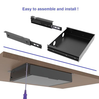 Under Desk Slide out Drawer 13.4" Wide with Cable Management | Steel Pull Out Add-On Storage Organizer for Office & Standing Desks with High Crossbar, 13.4" W x 9.3" D ,Black (Medium)