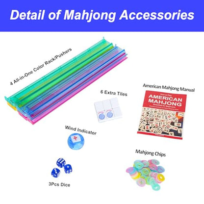 American Mahjong Game Set, 166 Blue Tiles (1.2”), 4 All-in-One Color Rack/Pushers & Drawstring Bag, Complete Mahjong Sets with Blue Printed Carrying Bag and Mahjong Tile Set Accessories - color: Blue