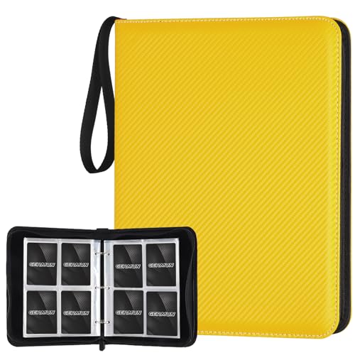 GERMUN 4 Pocket Card Binder, Premium Zip Trading Card Binder, 400 Double Sided Pocket PU Card Collection Binder, Collector Card Album, Card Folder for MTG, TCG, Sports Cards, Game Cards (Yellow) - color: 4 Pocket 400 Carbon Yellow