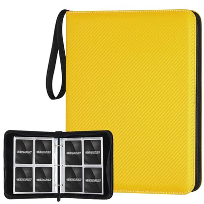 GERMUN 4 Pocket Card Binder, Premium Zip Trading Card Binder, 400 Double Sided Pocket PU Card Collection Binder, Collector Card Album, Card Folder for MTG, TCG, Sports Cards, Game Cards (Yellow) - color: 4 Pocket 400 Carbon Yellow