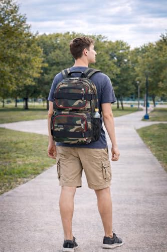 Eastsport Travel Skateboard Backpack Double Strap Laptop Bag Multi-Sport Design for Men and Women, Black Green Camo Red Trim - color: Black/Hunter Green Camo/Poppy Red Trim