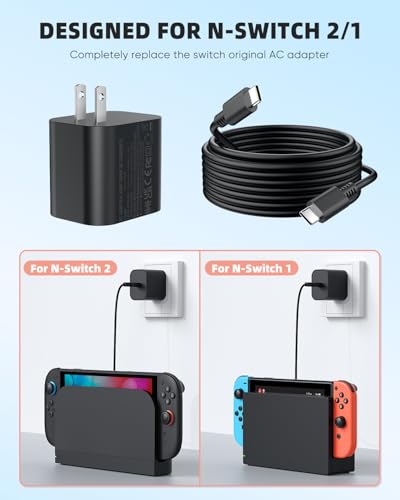 (10ft) Switch 2 Charger with 10FT/3M USB-C Cable - 60W AC Power Adapter, Support 4K TV Dock & PD 3.0 Fast Charging, Power Supply 20V/3A for Nintendo 2/1,Wii Charger(10FT - Long Reach for Large Spaces) - size: 10FT