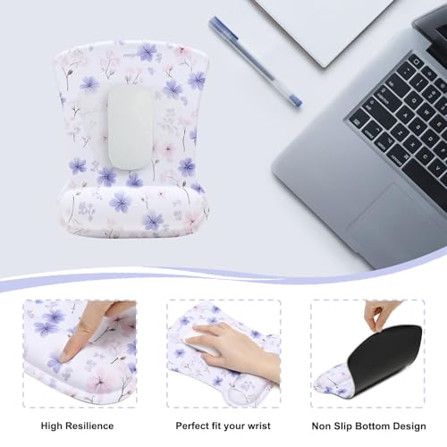 MEGREZ 4-in-1 Mouse Pad with Wrist Rest Ergonomic Memory Foam Desk Mat Set | ergonomic, anti-slip base, 4pcs set, desk pad, mouse wrist rest, keyboard rest, coaster, ideal for office & gaming - color: White Flower