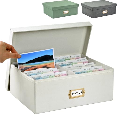 Linen Photo Storage & Keepsakes Box with Dividers for Cards & Photos | Holds 1700 4x6 Pictures Memory Keepsake Organizer Photos Cards Stamps Scrapbook Supplies Multi-Purpose Home Storage - color: Beige
