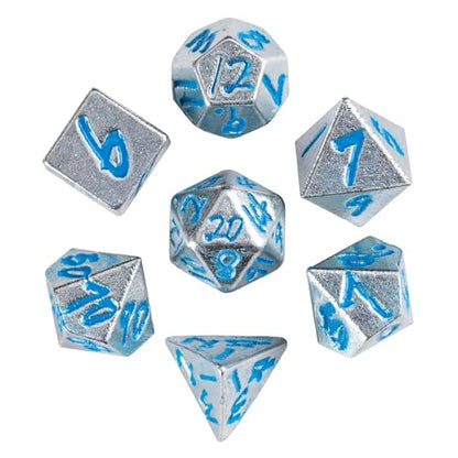 Mini Dice Set with Rune Keychain Case,7PCS Polyhedral Metal Dice Set for DND Role Playing Games(Silver/Silver Blue) - color: Silver/Silver Blue
