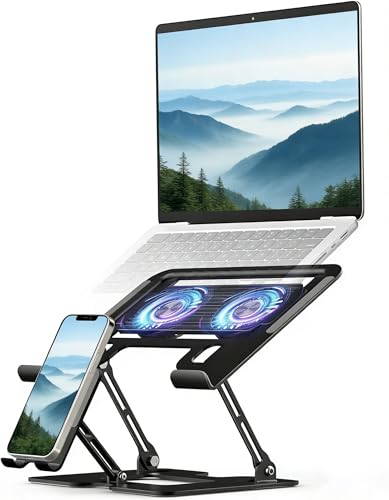 Laptop & Phone 2-in-1 Cooling Stand with Silent Fan, Adjustable Height & Angle, Carbon Steel Foldable Laptop Riser, Gaming Laptop Cooler Pad for Laptops Up to 18 Inch (Black) - color: Black