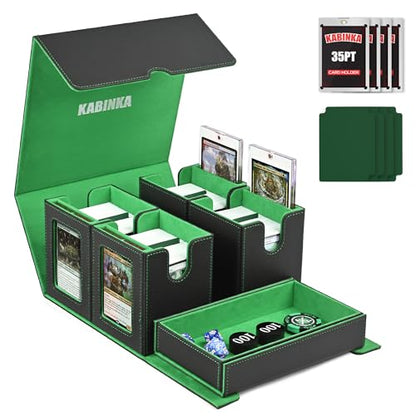 Kabinka Card Deck Box for MTG Commander, Holds 400+ Double-Sleeved Cards, 5 IN 1 Detachable Card Case with Dice Tray, Fits Magic/TCG Cards, 4 Magnetic Card Holders & Dividers (Black Green) - color: Black Green