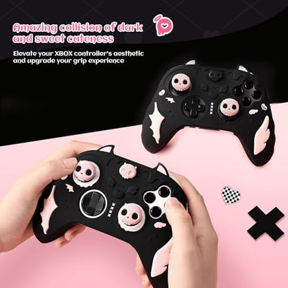 GeekShare Sweetheart Skull Silicone Controller Cover Compatible with Xbox Series X/S - Anti-Slip, Sweatproof Protective Skin with Thumb Grips & Decals - Black & Pink