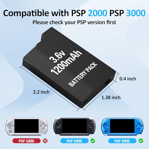PSP Battery and Charger, 2Pcs 3.6v 1200mAh Lithium Polymer Replacement Batteries with Charging Dock for PSP-3000, PSP-3001, PSP-2000, PSP-2001, PSP-3002, PSP-3004, PSP Lite, PSP Slim Console - size: for PSP2000/3000