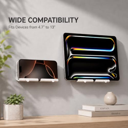 Wall Mount Phone Holder with Cable Hole & Hooks, Adhesive Wall Phone Holder, Phone Charging Dock & Organizer for Bedroom, Bathroom, Kitchen, Office, Dorm & RV (2 Pack-White) - color: 2 Pack-W