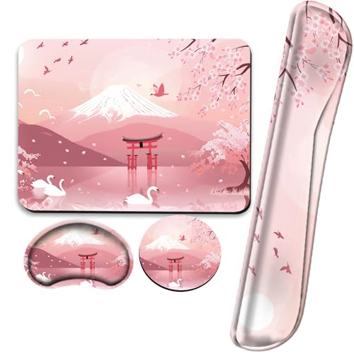 Cherry Blossom Keyboard and Mouse Pad Set Japanese Mousepad with Wrist Support Ergonomic Keyboard Wrist Rest Carpal Tunnel Typing Pain Relief Non-Slip Base Wrist Pad for Mouse - color: Cherry Blossom